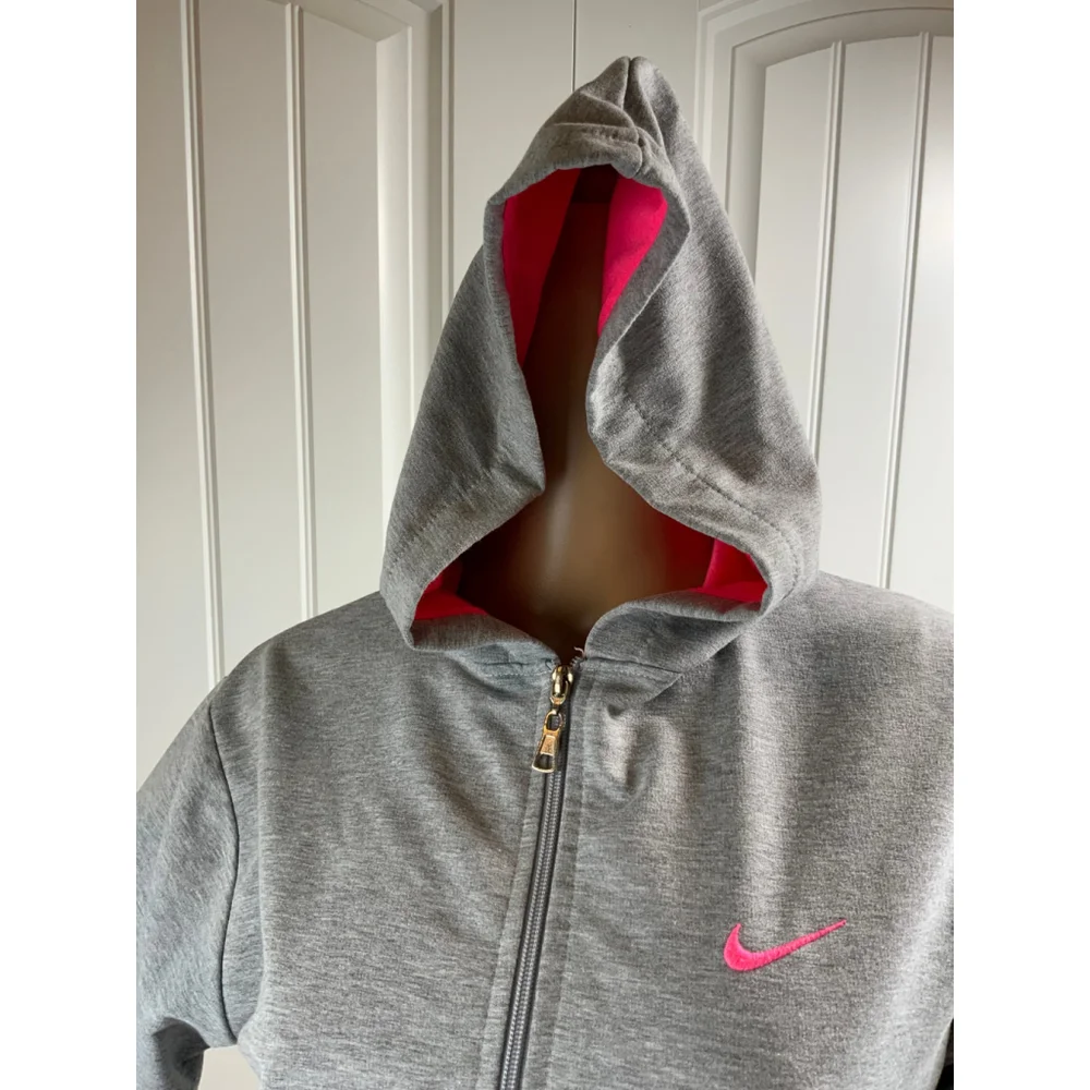 Nike Women's Gray Full Zip Hoodie Size 16 Yas Hot Pink Embroidered Logo Athletic